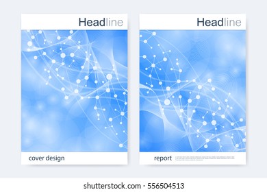 Scientific brochure design template. Vector flyer layout, Molecular structure with connected lines and dots. Scientific pattern atom DNA with elements for magazine, leaflet, cover, poster design.