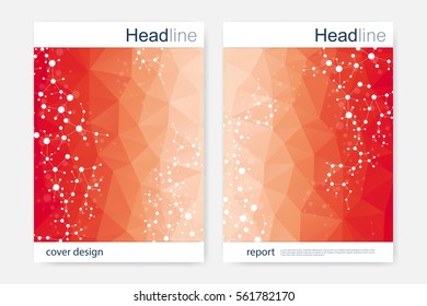 Scientific brochure design template. Vector flyer layout, Molecular structure with connected lines and dots. Scientific pattern atom DNA with elements for magazine, leaflet, cover, poster design.