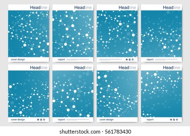 Scientific brochure design template. Vector flyer layout, Molecular structure with connected lines and dots. Scientific pattern atom DNA with elements for magazine, leaflet, cover, poster design.