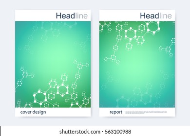 Scientific brochure design template. Vector flyer layout, Molecular structure with connected lines and dots. Scientific pattern atom DNA with elements for magazine, leaflet, cover, poster design