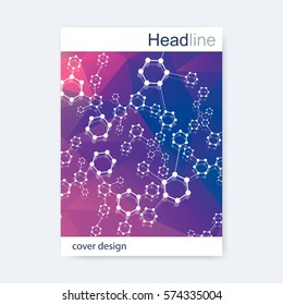 Scientific brochure design template. Vector flyer layout, Molecular structure with connected lines and dots. Scientific pattern atom DNA with elements for magazine, leaflet, cover, poster design.