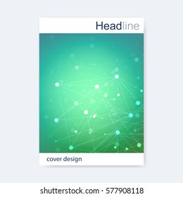 Scientific brochure design template. Vector flyer layout, Molecular structure with connected lines and dots. Scientific pattern atom DNA with elements for magazine, leaflet, cover, poster design