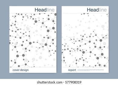 Scientific brochure design template. Vector flyer layout, Molecular structure with connected lines and dots. Scientific pattern atom DNA with elements for magazine, leaflet, cover, poster design