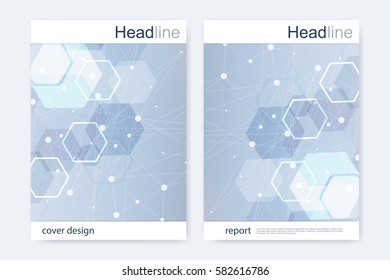 Scientific brochure design template. Vector flyer layout, Molecular structure with connected lines and dots. Scientific pattern atom DNA with elements for magazine, leaflet, cover, poster design