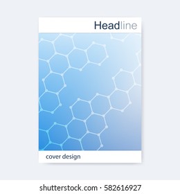 Scientific brochure design template. Vector flyer layout, Molecular structure with connected lines and dots. Scientific pattern atom DNA with elements for magazine, leaflet, cover, poster design.