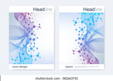 Scientific brochure design template. Vector flyer layout, Molecular structure with connected lines and dots. Scientific pattern atom DNA with elements for magazine, leaflet, cover, poster design