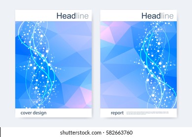 Scientific brochure design template. Vector flyer layout, Molecular structure with connected lines and dots. Scientific pattern atom DNA with elements for magazine, leaflet, cover, poster design