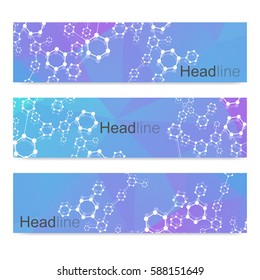 Scientific brochure design template. Vector flyer layout, Molecular structure with connected lines and dots. Scientific pattern atom DNA with elements for magazine, leaflet, cover, poster design