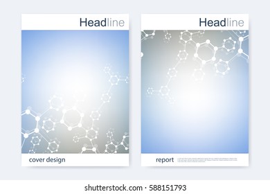 Scientific brochure design template. Vector flyer layout, Molecular structure with connected lines and dots. Scientific pattern atom DNA with elements for magazine, leaflet, cover, poster design
