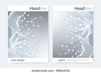 Scientific brochure design template. Vector flyer layout, Molecular structure with connected lines and dots. Scientific pattern atom DNA with elements for magazine, leaflet, cover, poster design