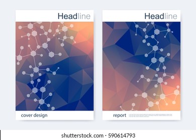 Scientific brochure design template. Vector flyer layout, Molecular structure with connected lines and dots. Scientific pattern atom DNA with elements for magazine, leaflet, cover, poster design.