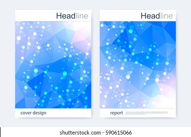 Scientific brochure design template. Vector flyer layout, Molecular structure with connected lines and dots. Scientific pattern atom DNA with elements for magazine, leaflet, cover, poster design.