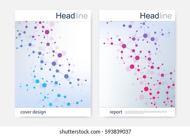 Scientific brochure design template. Vector flyer layout, Molecular structure with connected lines and dots. Scientific pattern atom DNA with elements for magazine, leaflet, cover, poster design
