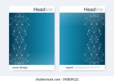 Scientific brochure design template. Vector flyer layout, Molecular structure with connected lines and dots. Scientific pattern atom DNA with elements for magazine, leaflet, cover, poster design