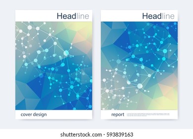Scientific brochure design template. Vector flyer layout, Molecular structure with connected lines and dots. Scientific pattern atom DNA with elements for magazine, leaflet, cover, poster design