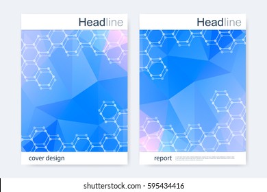 Scientific brochure design template. Vector flyer layout, Molecular structure with connected lines and dots. Scientific pattern atom DNA with elements for magazine, leaflet, cover, poster design