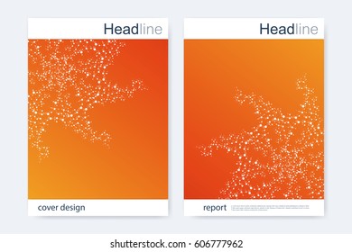 Scientific brochure design template. Vector flyer layout, Molecular structure with connected lines and dots. Scientific pattern atom DNA with elements for magazine, leaflet, cover, poster design