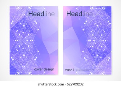 Scientific brochure design template. Vector flyer layout, Molecular structure with connected lines and dots. Scientific pattern atom DNA with elements for magazine, leaflet, cover, poster design.