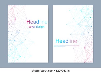 Scientific brochure design template. Vector flyer layout, Molecular structure with connected lines and dots. Scientific pattern atom DNA with elements for magazine, leaflet, cover, poster design