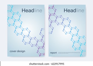 Scientific brochure design template. Vector flyer layout, Molecular structure with connected lines and dots. Scientific pattern atom DNA with elements for magazine, leaflet, cover, poster design