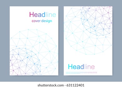 Scientific brochure design template. Vector flyer layout, Molecular structure with connected lines and dots. Scientific pattern atom DNA with elements for magazine, leaflet, cover, poster design