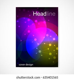 Scientific brochure design template. Vector flyer layout, Molecular structure with connected lines and dots. Scientific pattern atom DNA with elements for magazine, leaflet, cover, poster design