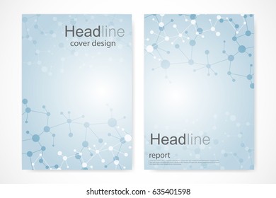 Scientific brochure design template. Vector flyer layout, Molecular structure with connected lines and dots. Scientific pattern atom DNA with elements for magazine, leaflet, cover, poster design