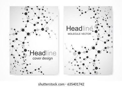 Scientific brochure design template. Vector flyer layout, Molecular structure with connected lines and dots. Scientific pattern atom DNA with elements for magazine, leaflet, cover, poster design