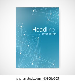 Scientific brochure design template. Vector flyer layout, Molecular structure with connected lines and dots. Scientific pattern atom DNA with elements for magazine, leaflet, cover, poster design