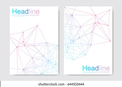Scientific brochure design template. Vector flyer layout, Molecular structure with connected lines and dots. Scientific pattern atom DNA with elements for magazine, leaflet, cover, poster design.