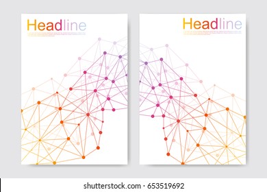 Scientific brochure design template. Vector flyer layout, Molecular structure with connected lines and dots. Scientific pattern atom DNA with elements for magazine, leaflet, cover, poster design