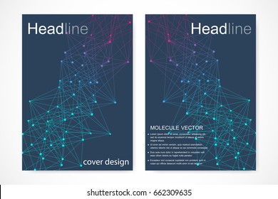 Plantilla de diseño de folletos científicos. Diseño de volante de Vector, estructura molecular con líneas y puntos conectados. ADN de átomo de patrón científico con Elementos para revista, folleto, cubierta, diseño de póster