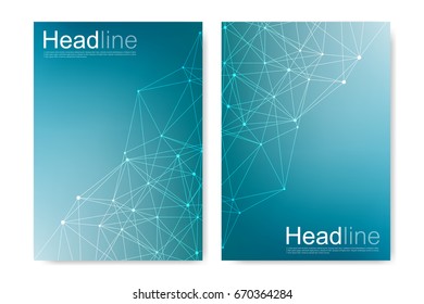 Scientific brochure design template. Vector flyer layout, Molecular structure with connected lines and dots. Scientific pattern atom DNA with elements for magazine, leaflet, cover, poster design