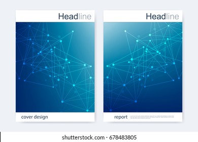 Scientific brochure design template. Vector flyer layout, Molecular structure with connected lines and dots. Scientific pattern atom DNA with elements for magazine, leaflet, cover, poster design