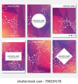 Scientific brochure design template. Vector flyer layout, Molecular structure with connected lines and dots. Scientific pattern atom DNA with elements for magazine, leaflet, cover, poster design.
