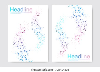 Scientific brochure design template. Vector flyer layout, Molecular structure with connected lines and dots. Scientific pattern atom DNA with elements for magazine, leaflet, cover, poster design