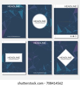 Scientific brochure design template. Vector flyer layout, Molecular structure with connected lines and dots. Scientific pattern atom DNA with elements for magazine, leaflet, cover, poster design.
