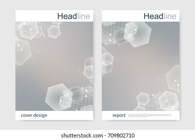 Scientific brochure design template. Vector flyer layout, Molecular structure with connected lines and dots. Scientific pattern atom DNA with elements for magazine, leaflet, cover, poster design.