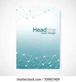 Scientific brochure design template. Vector flyer layout, Molecular structure with connected lines and dots. Scientific pattern atom DNA with elements for magazine, leaflet, cover, poster design