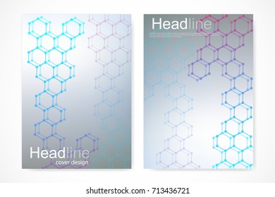 Scientific brochure design template. Vector flyer layout, Molecular structure with connected lines and dots. Scientific pattern atom DNA with elements for magazine, leaflet, cover, poster design.