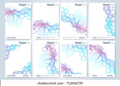 Plantilla de diseño del folleto científico. Diseño del volante vectorial, estructura molecular con líneas y puntos conectados. Patrón científico ADN de átomo con elementos para revista, folleto, portada y diseño de afiches