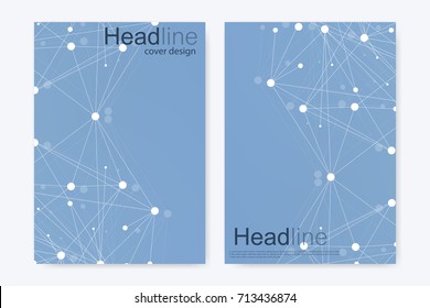 Scientific brochure design template. Vector flyer layout, Molecular structure with connected lines and dots. Scientific pattern atom DNA with elements for magazine, leaflet, cover, poster design