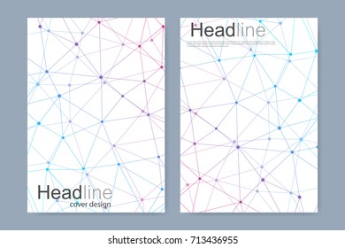 Scientific brochure design template. Vector flyer layout, Molecular structure with connected lines and dots. Scientific pattern atom DNA with elements for magazine, leaflet, cover, poster design