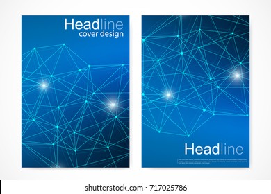 Scientific brochure design template. Vector flyer layout, Molecular structure with connected lines and dots. Scientific pattern atom DNA with elements for magazine, leaflet, cover, poster design