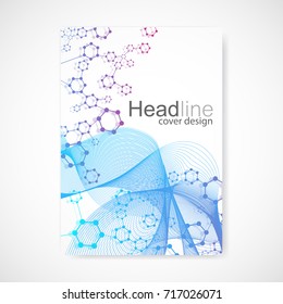 Scientific brochure design template. Vector flyer layout, Molecular structure with connected lines and dots. Scientific pattern atom DNA with elements for magazine, leaflet, cover, poster design