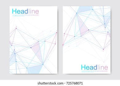 Scientific brochure design template. Vector flyer layout, Molecular structure with connected lines and dots. Scientific pattern atom DNA with elements for magazine, leaflet, cover, poster design.