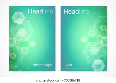 Scientific brochure design template. Vector flyer layout, Molecular structure with connected lines and dots. Scientific pattern atom DNA with elements for magazine, leaflet, cover, poster design