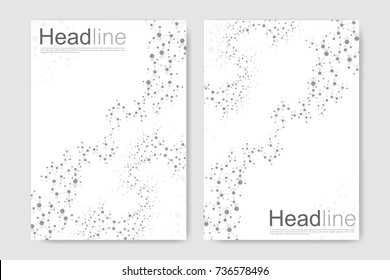 Scientific brochure design template. Vector flyer layout, Molecular structure with connected lines and dots. Scientific pattern atom DNA with elements for magazine, leaflet, cover, poster design