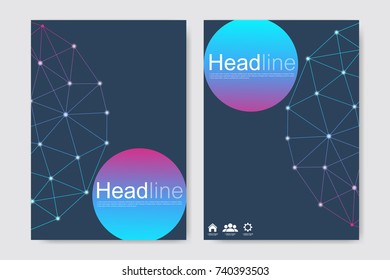 Scientific brochure design template. Vector flyer layout, Molecular structure with connected lines and dots. Scientific pattern atom DNA with elements for magazine, leaflet, cover, poster design.