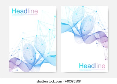 Scientific brochure design template. Vector flyer layout, Molecular structure with connected lines and dots. Scientific pattern atom DNA with elements for magazine, leaflet, cover, poster design